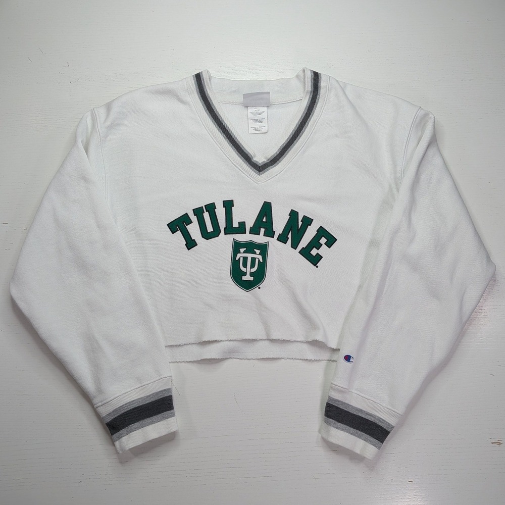 Champion Reverse Weave Tulane Cropped Sweatshirt Womens M White V Neck NCAA
